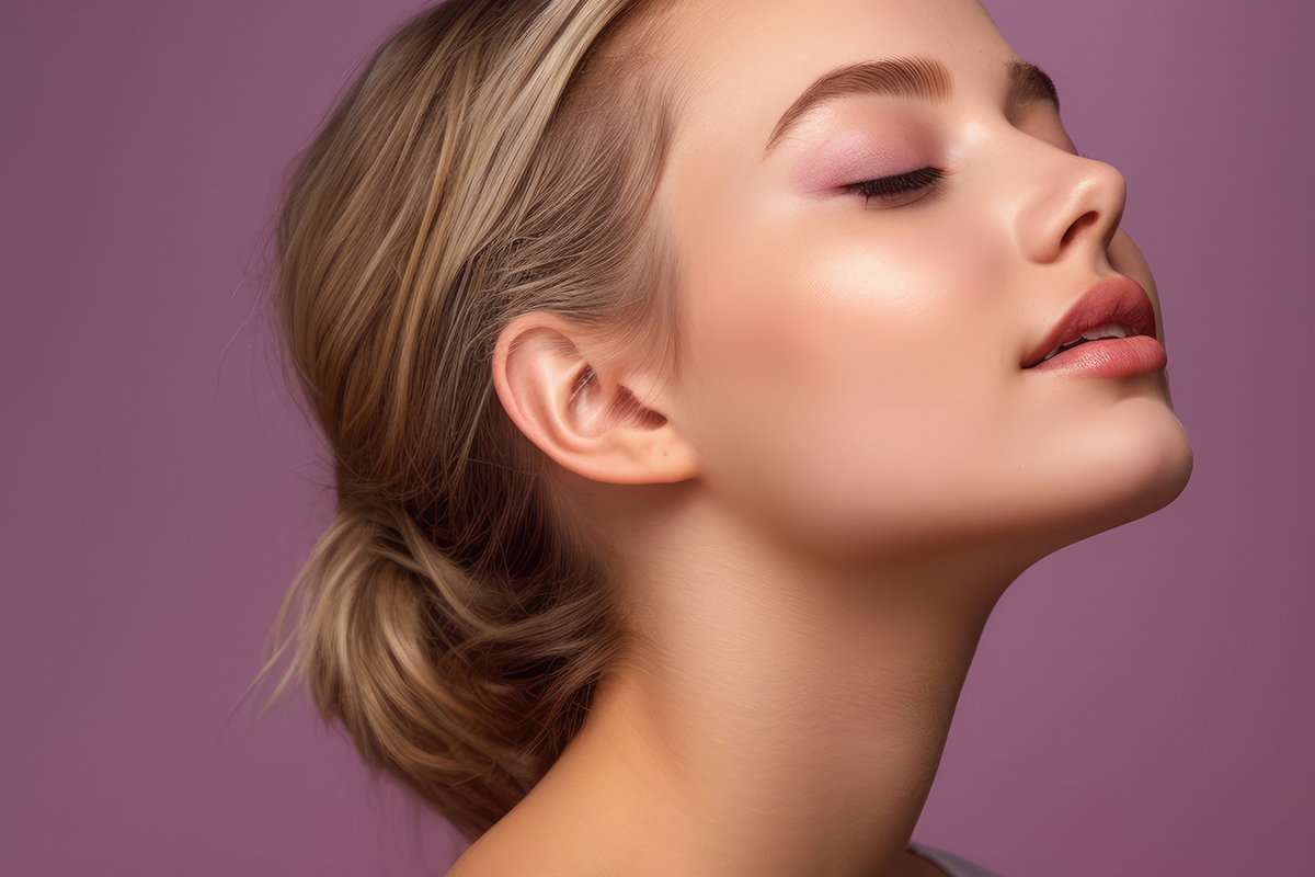 A close up of a woman's face with her eyes closed