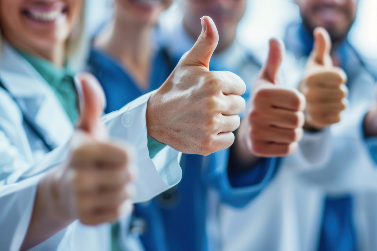 A group of healthcare professionals showing thumbs up on blur background