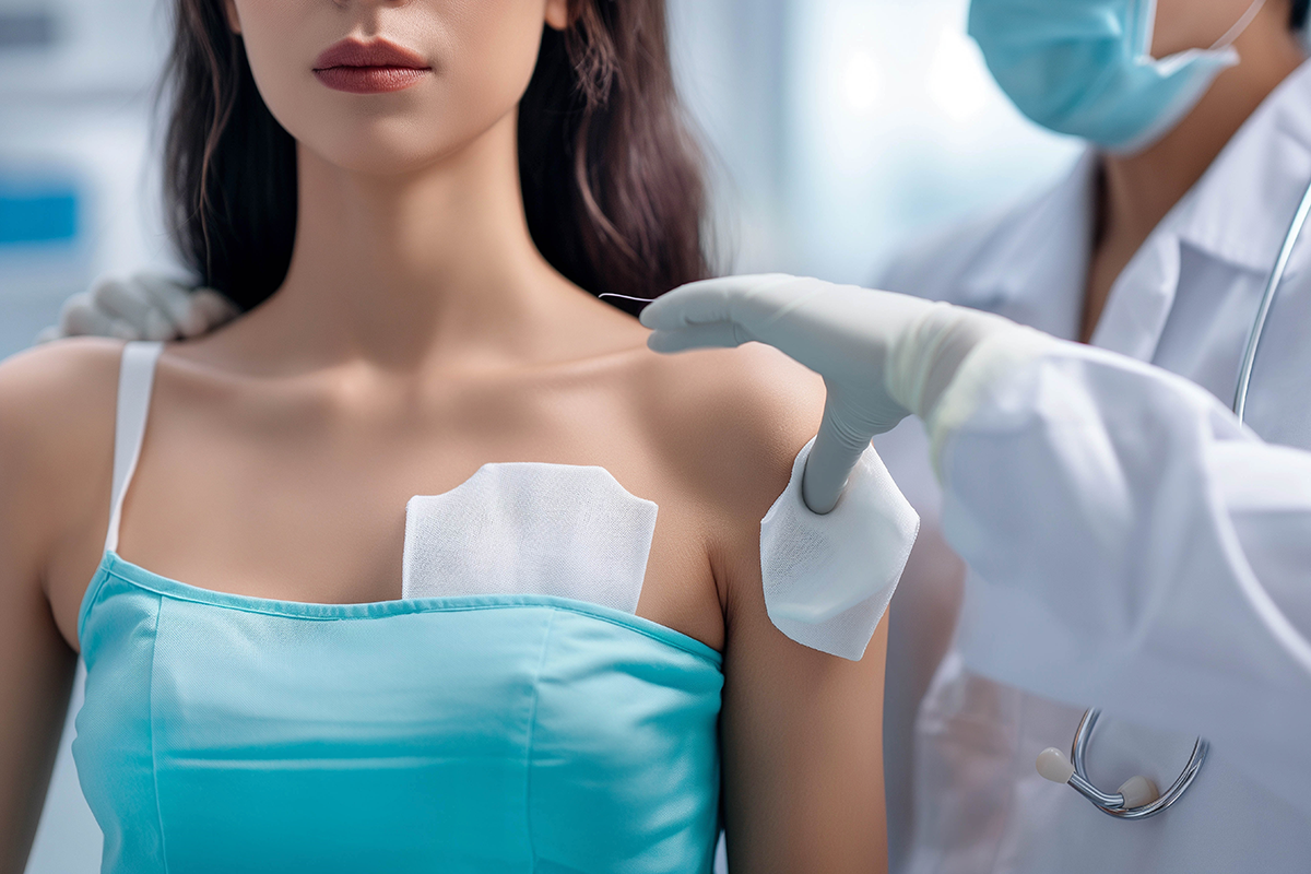 A woman being examined by a doctor stands with a postoperative bandage on her chest