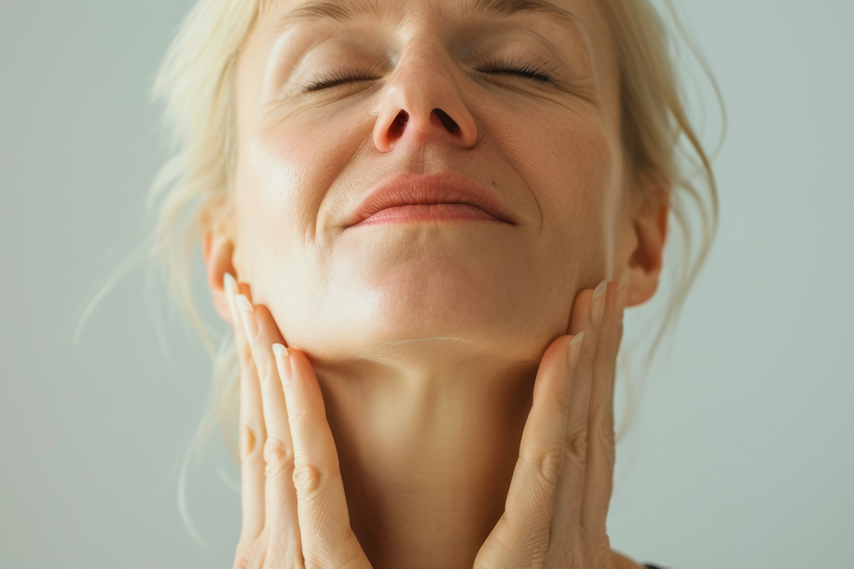 Close-up of a woman with a content smile, hands gently holding her neck