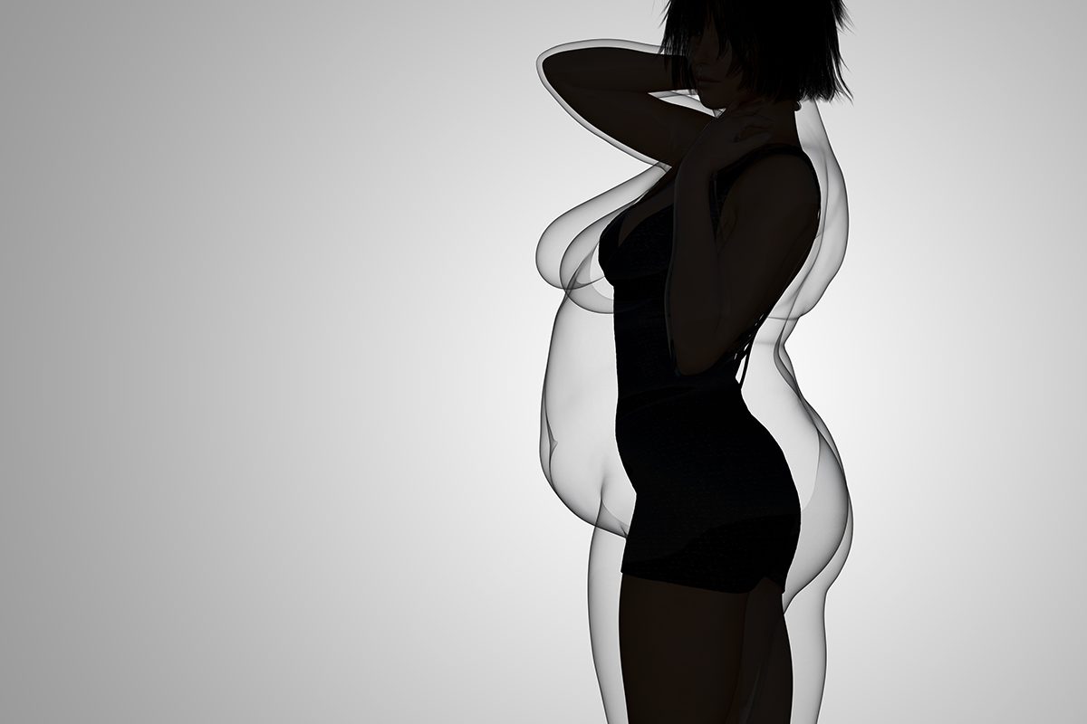 Conceptual fat overweight obese female vs slim fit healthy body after weight loss