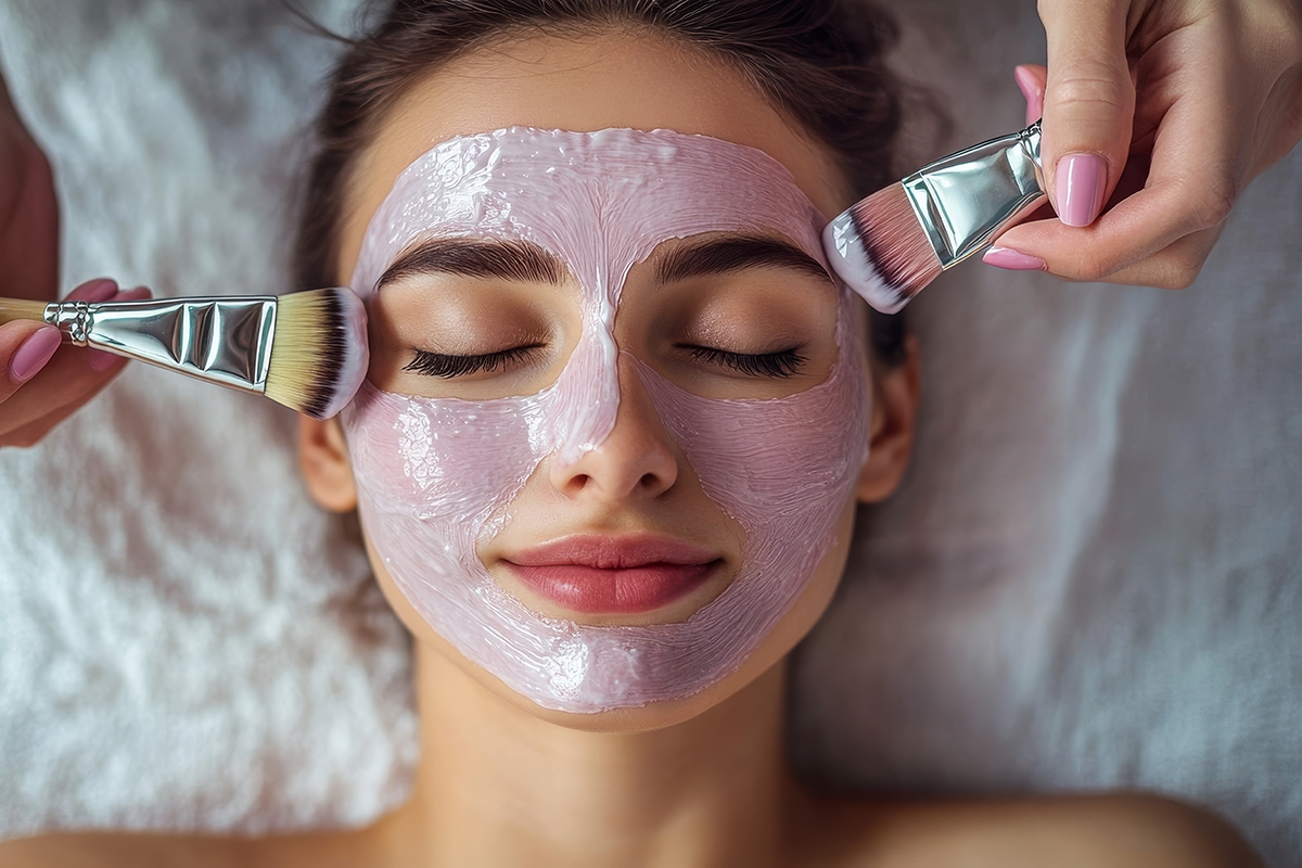 Cosmetology session woman's facial mask applied