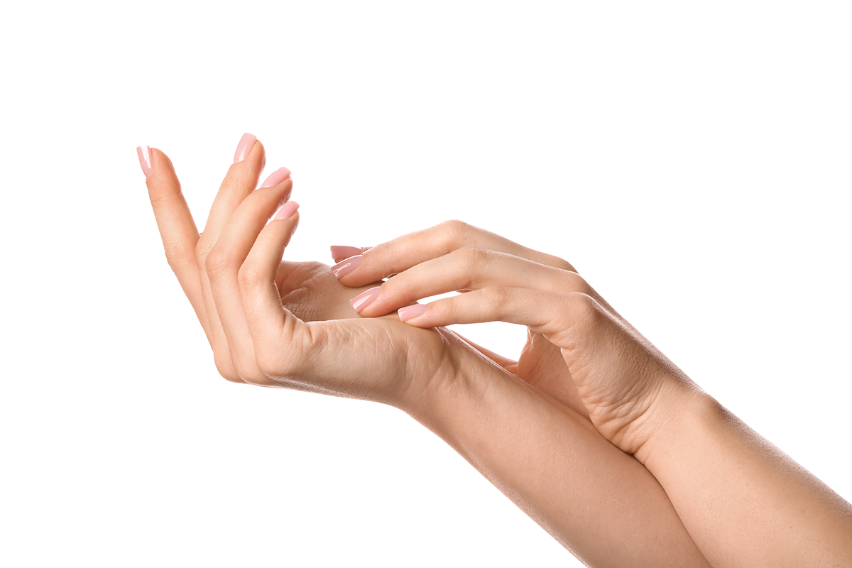 Hands of young woman on white background