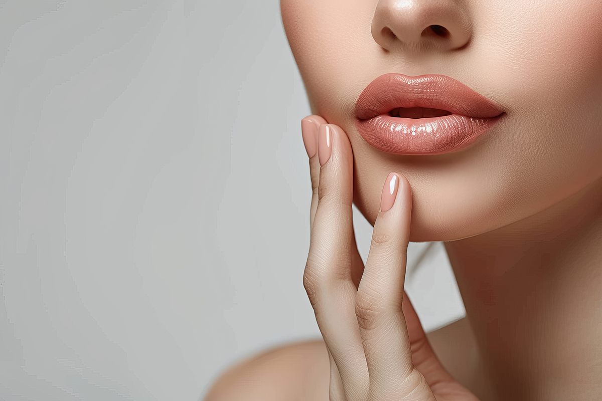 Manicure on chin and shoulders for beautiful hands woman with natural beauty